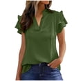 thumbnail image 2 of hoksml Women's Lightweight Ruffled V-Neck Blouse with Flutter Sleeves, Pleated Detail, Short Sleeve Casual Summer Work Top, 2 of 7