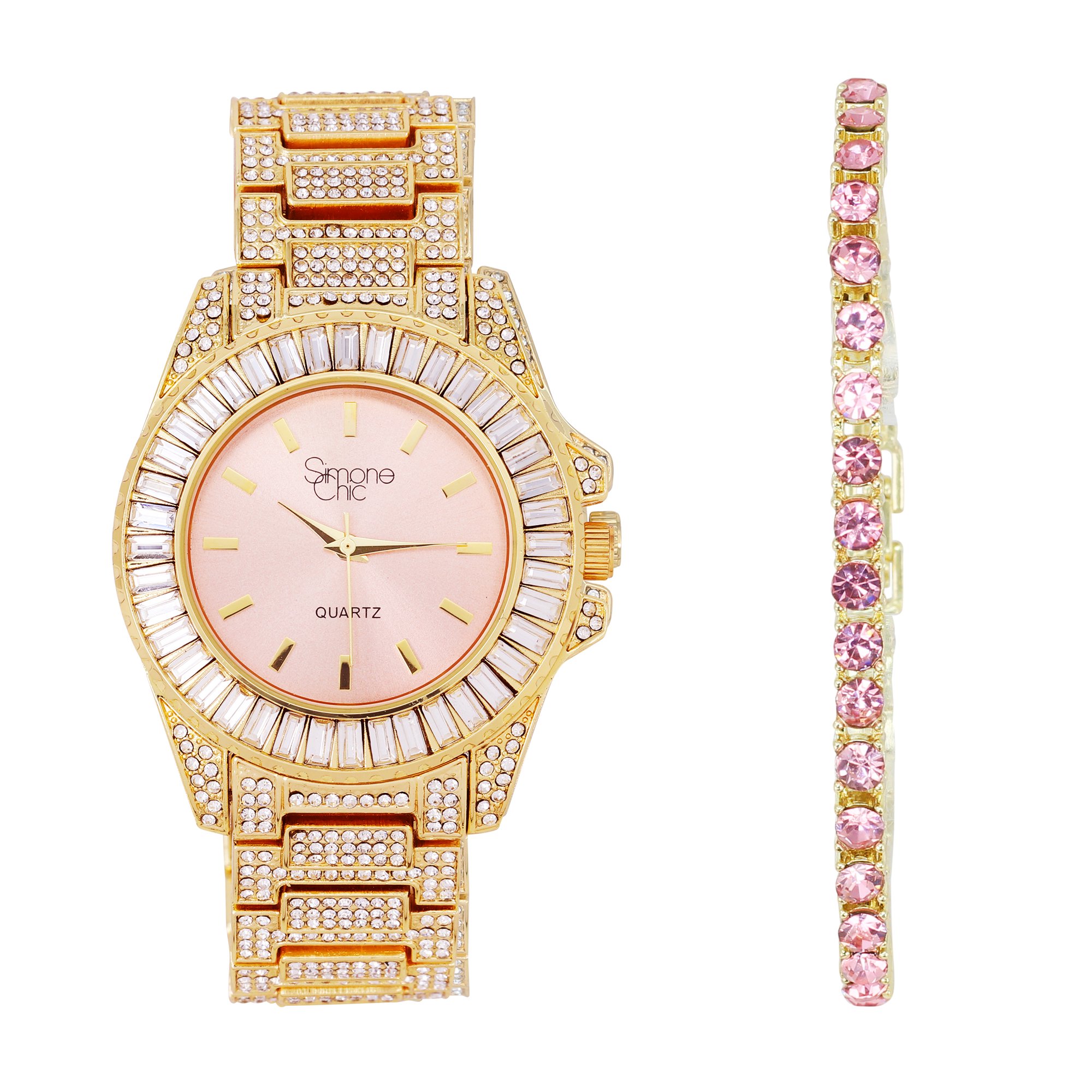 Women's Baguette Cut Iced Out Diamond Watch - Drop it Down with This Bling'ed Out Crystal Tennis Bracelet on Your Wrist Ladies! - ST10372MLA Gld Blush-Pink TB