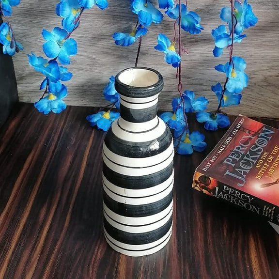 India Meets India Ceramic Bottle Vase [White w/ Black Straps], Decorative Small Ceramic Vases Modern Home Décor Flower Vase for Shelf Home Décor Living Room Twisted Tall Creative Black Vase - 7.5"