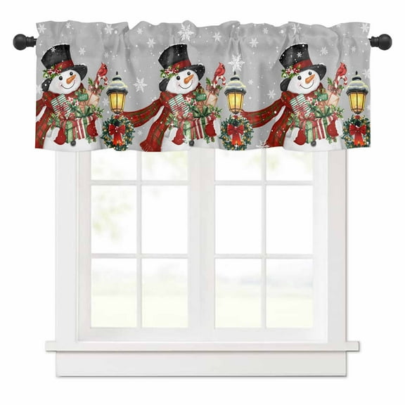 Christmas Snowman Valances for Windows Xmas Box Winter Snow Wreaths Lights Grey Rod Pocket Curtain Valance Window Treatment Short Curtains for Kitchen Living Room, 54"x18"