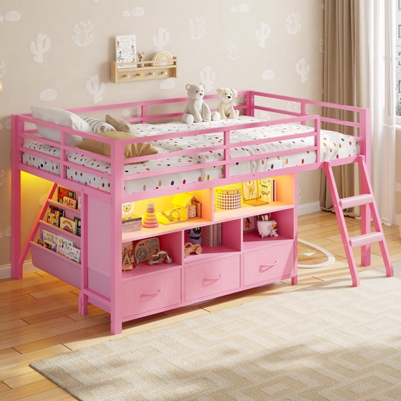 Plonmago Twin Size Loft Bed with 3 Storage Drawers, 3-Tier Bookshelf, 5 Open Cubbies,Metal Bed Low Loft Bed with LED Lights,Ladder,Guardrail, Space Saving,and Play Area,Pink