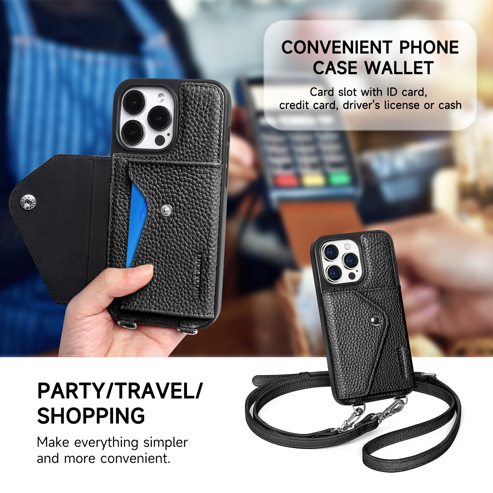 Handmade Genuine Leather Crossbody Wallet Phone Case for Apple iPhone 15 Pro 6.1-Inch,with Strap and Flip Wallet Card Holder,Shockproof Durable Scratch Protective