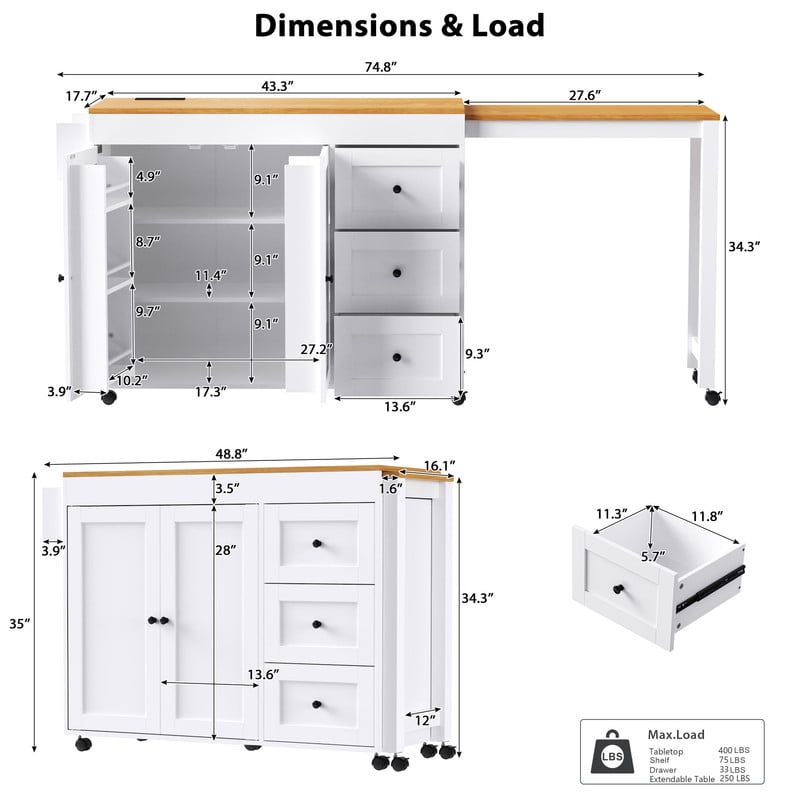 2-In-1 Kitchen Island with Extendable Dining Table, Kitchen Storage Serving Cart with Drawers, Racks & Power Outlet