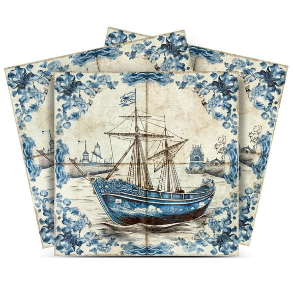 Mi Alma Vinyl Peel and Stick Ship Delft Beautiful Pattern D27 Backsplash Tile Stickers Easy To Install, Light Blue, 4" x 4" (24-Pack)