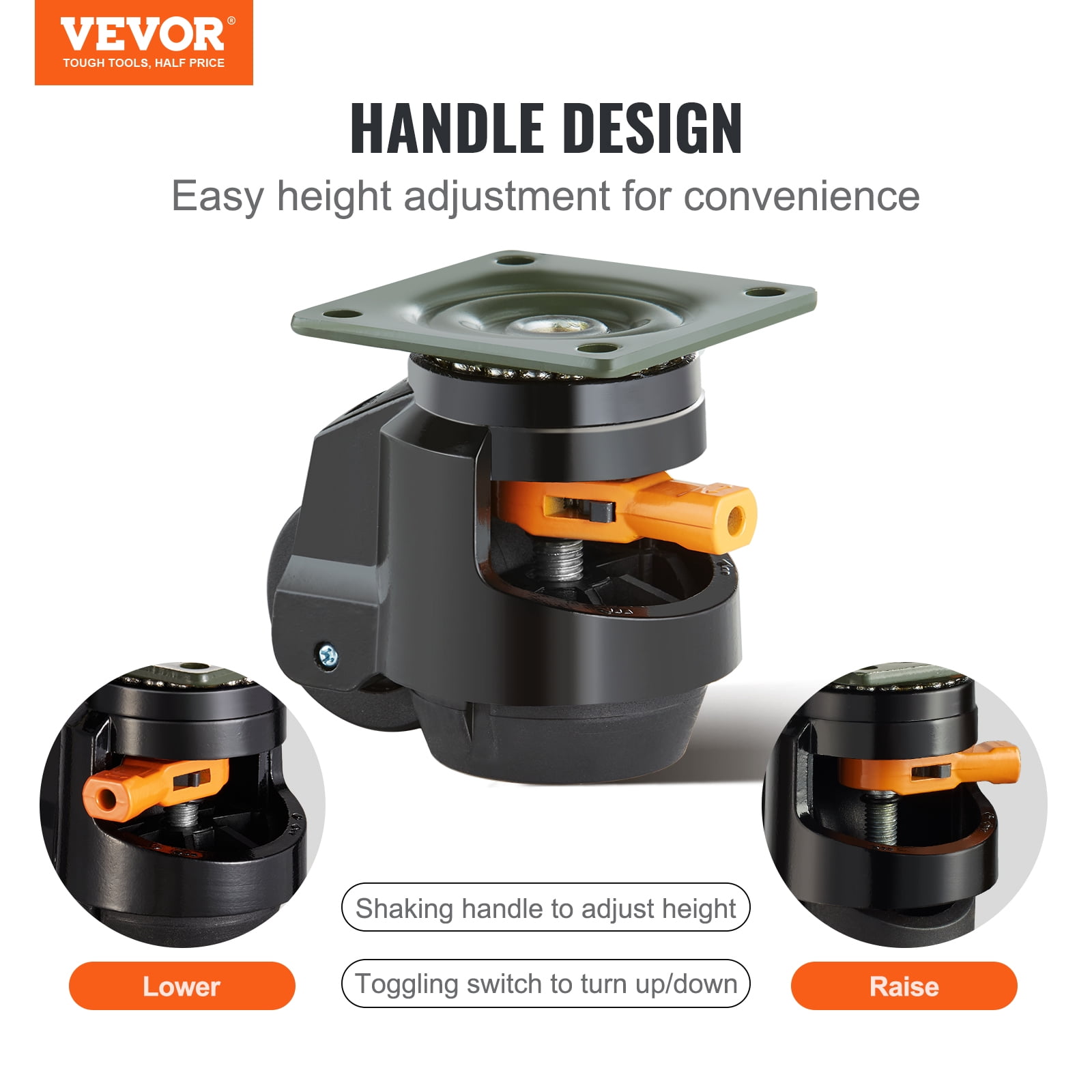 VEVOR Leveling Casters, Set of 4, 2200 lbs Total Load Capacity, 2.5 inches, Heavy Duty with Upgraded Handle Design, 360 Degree Swivel Caster Wheels, Adjustable Casters with Feet for Workbench
