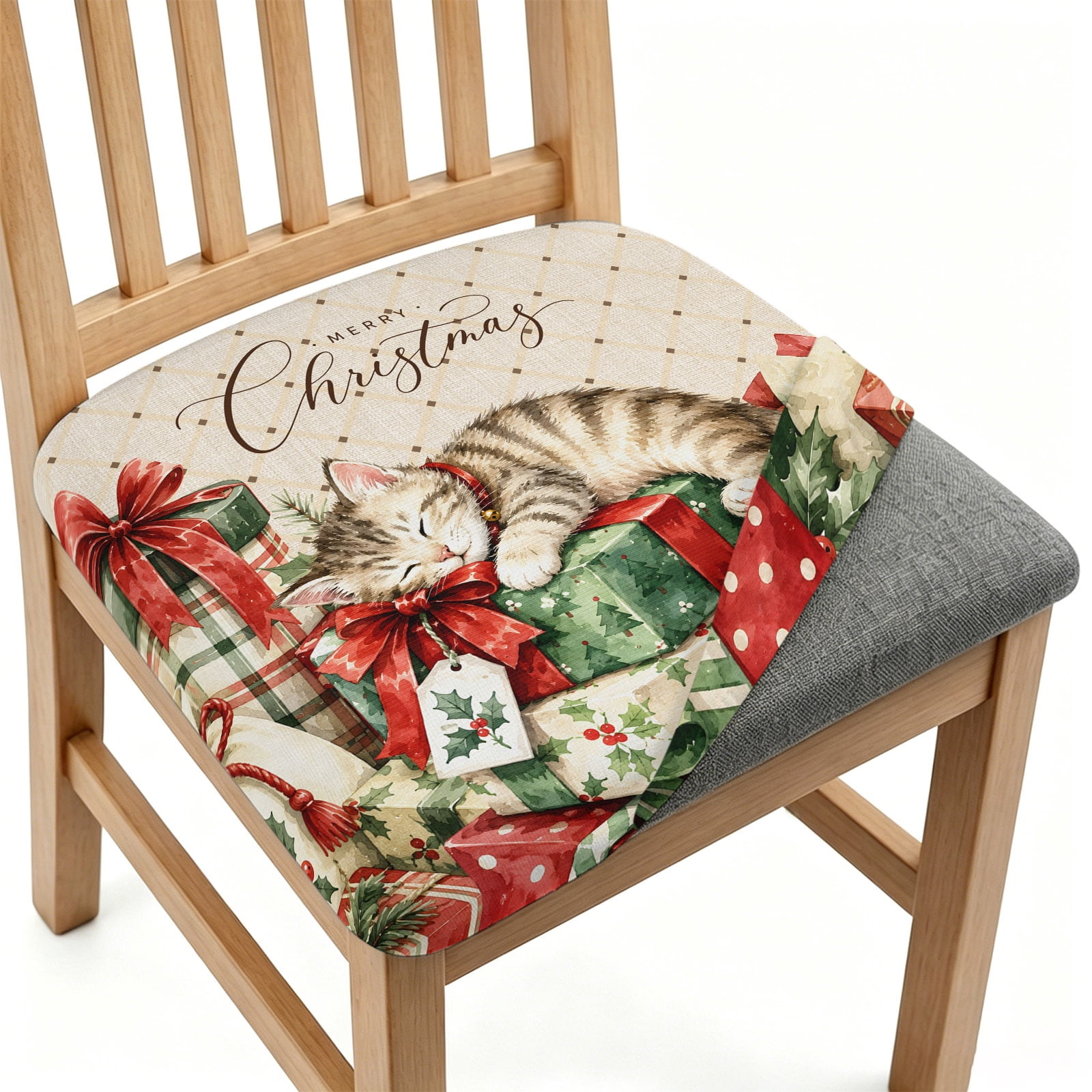 Christmas Winter Dining Chair Seat Slipcover 6 Pcs Beige Sleeping Tabby Cat Stack of Wrapped Gifts Stretch Removable Stretch Seat Covers Washable Chair Protector Slipcover for Banquet