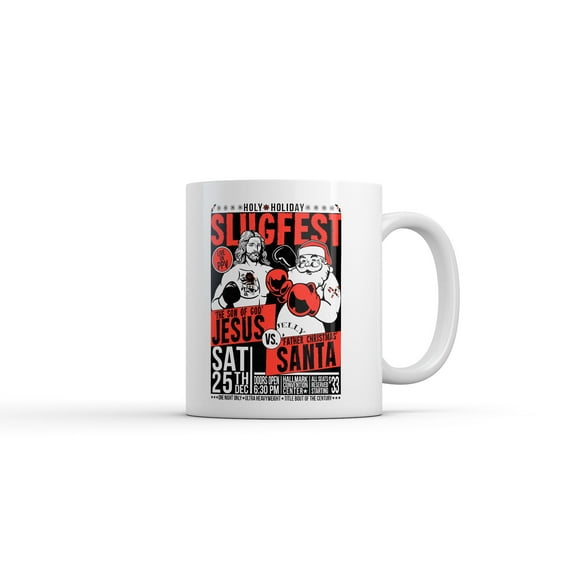 Holy Holiday Slugfest Mug Funny Sarcastic Christmas Boxing Match Graphic Novelty Coffee Cup