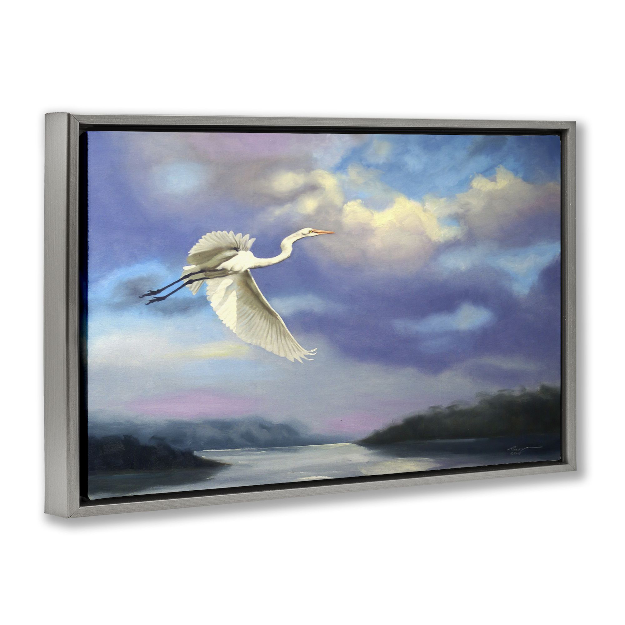 Stupell Industries Egret Over Clouds Landscape Painting Gray Floater Framed Canvas Art Print Wall Art, 25 x 17