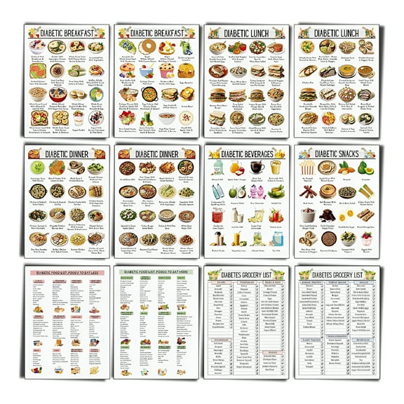 BESTSKY 12Pcs Diabetes Food List Diabetes Food Chart Meal Planner for Diabetics Healthy Grocery Nutrition Guide Lists Diabetic Meal Planner 8X10Inch