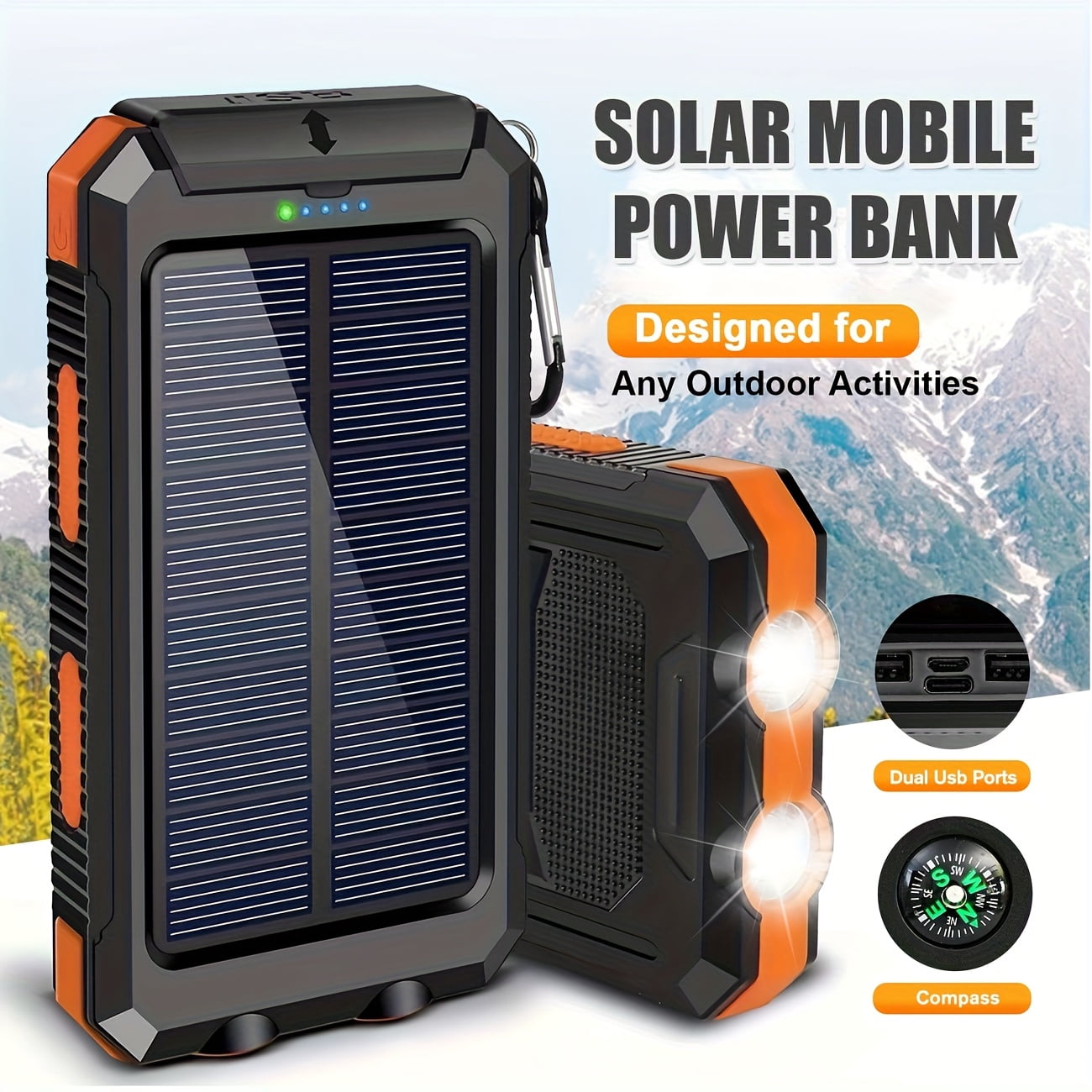 【Camping Essential】39800mAh Solar Power Bank, Portable Solar Charger with Dual USB, Fast Phone Charging Battery Pack for Outdoor Travel, Emergency LED Flashlight & Compass for Hiking, Waterproof