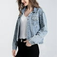 thumbnail image 5 of Women'S Pearl Denim Jacket Cropped Rhinestones Jean Jacket Coat Light Blue XXL, 5 of 7