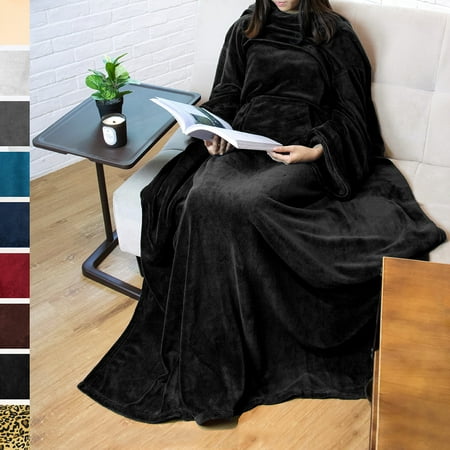 Premium Fleece Blanket with Sleeves by Pavilia | Warm, Cozy, Extra Soft, Functional, Lightweight (Black, Kangaroo Pocket)