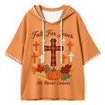 thumbnail image 4 of Arlun Women's Fall for Jesus He Never Leaves Hoodies Drop Shoulder 3/4 Sleeve Hooded Sweatshirt Vintage Plaid Pumpkin Maple Leaf Print Casual Loose Pullovers Orange XL, 4 of 5