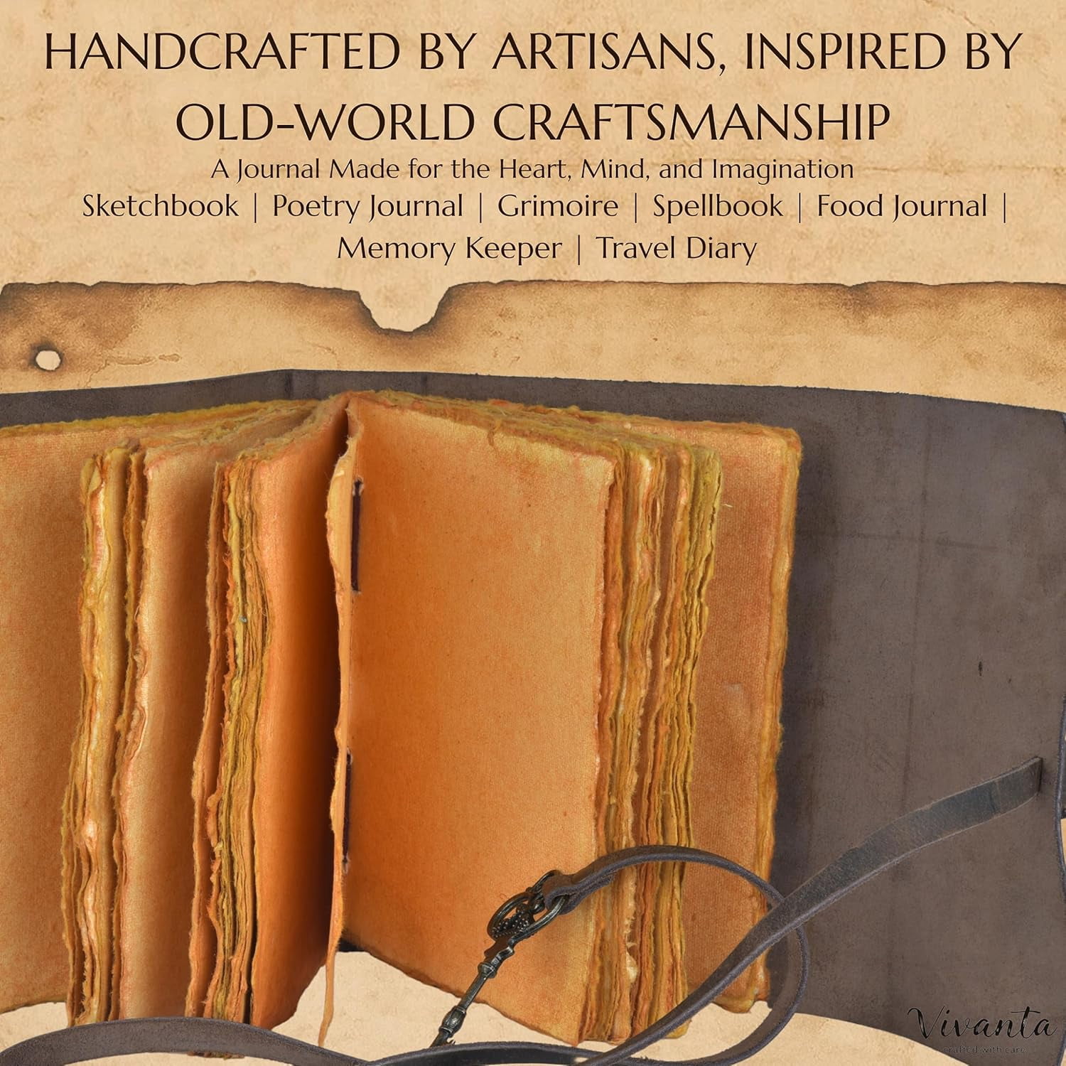 Vivanta Vintage Leather Journal Notebook 7x5 – Handmade Leather-Bound Diary for Men & Women with Deckle Edge Paper for Travel, Spell Book & Grimoire
