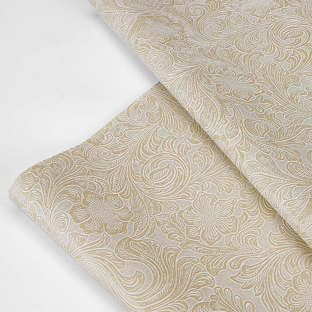 72x55 Inch Faux Leather Fabric 0.5mm Thick Embossed Leather Sheets Vintage Floral Synthetic Repholstery Leather Vinyl Textured Leather Rolls for DIY Sewing Crafts Making Floral White