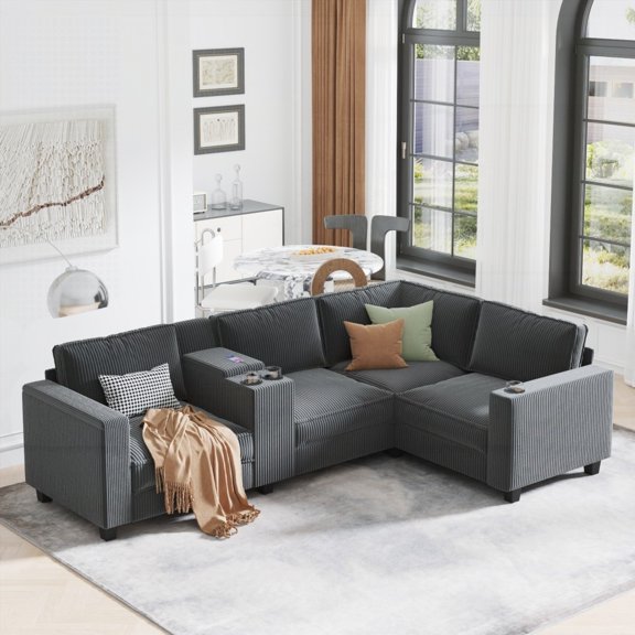 Modern L-shaped 4-seater Corduroy Sofa 105.5''*66.5'' with Storage & USB