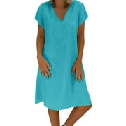 DENGDENG Casual Spring Dresses for Women Short Sleeve V Neck Boho Dresses Summer Cotton Linen Midi Dress Plus Size A-Line Office Beach Sundress Cyan XXL