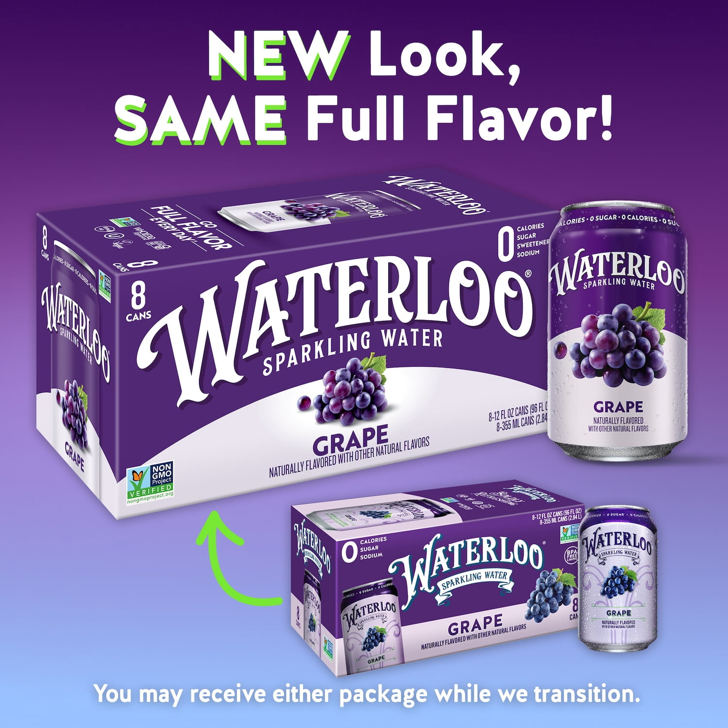 (2 pack) Waterloo Sparkling Water, Grape, 12 fl oz, 8 pack cans