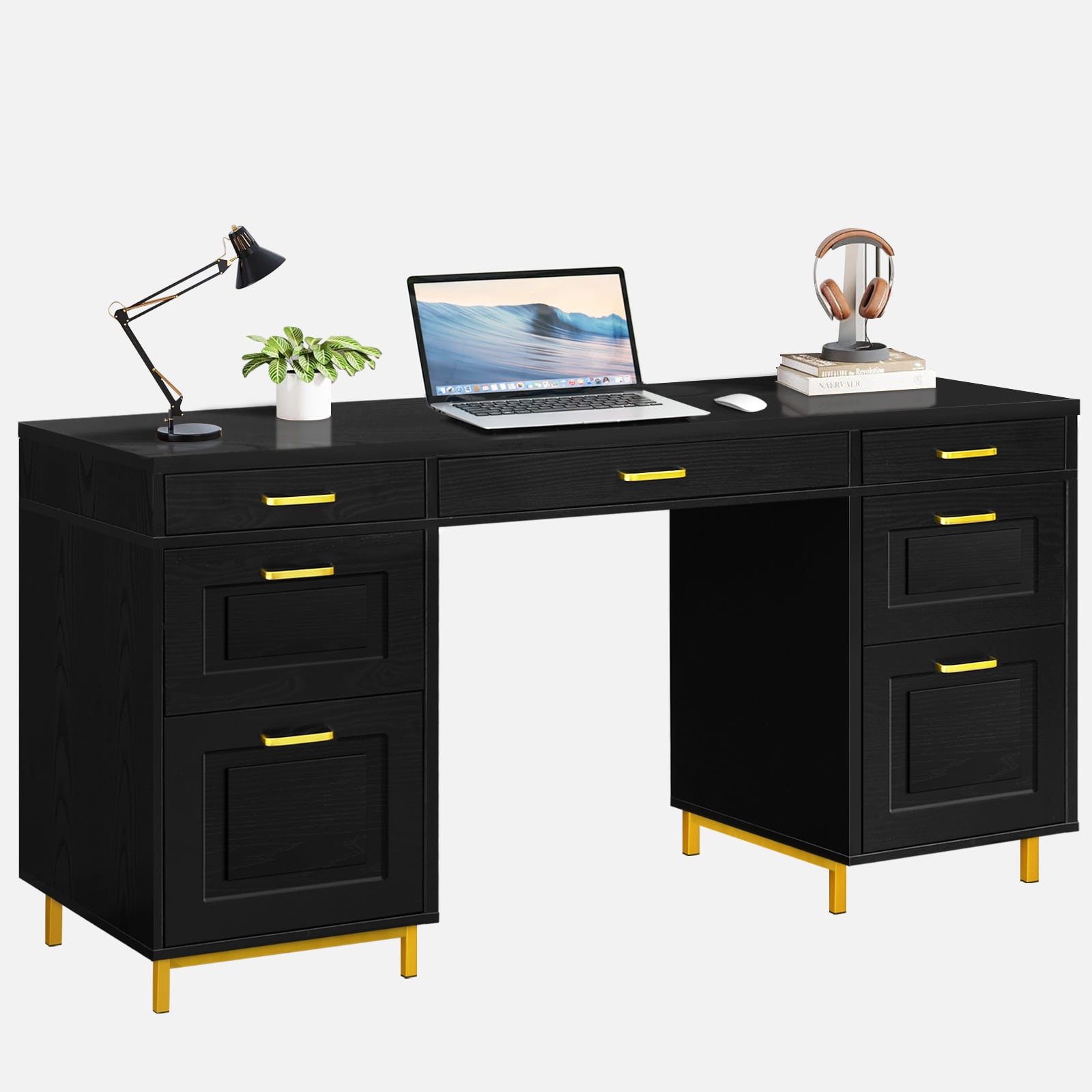 DreamCurship Computer Desk with Drawers, 57" Executive Desk with File Drawers, Home Office Desk with Storage, Black