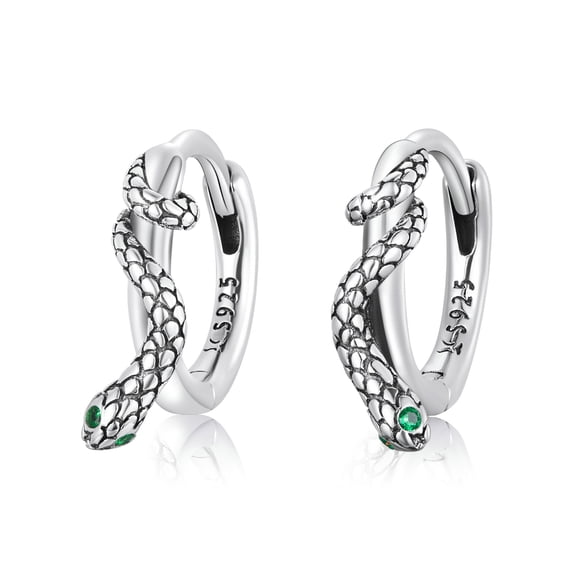 Punk Snake Small Hoop Earrings Sterling Silver Green Crystal Huggie for Women