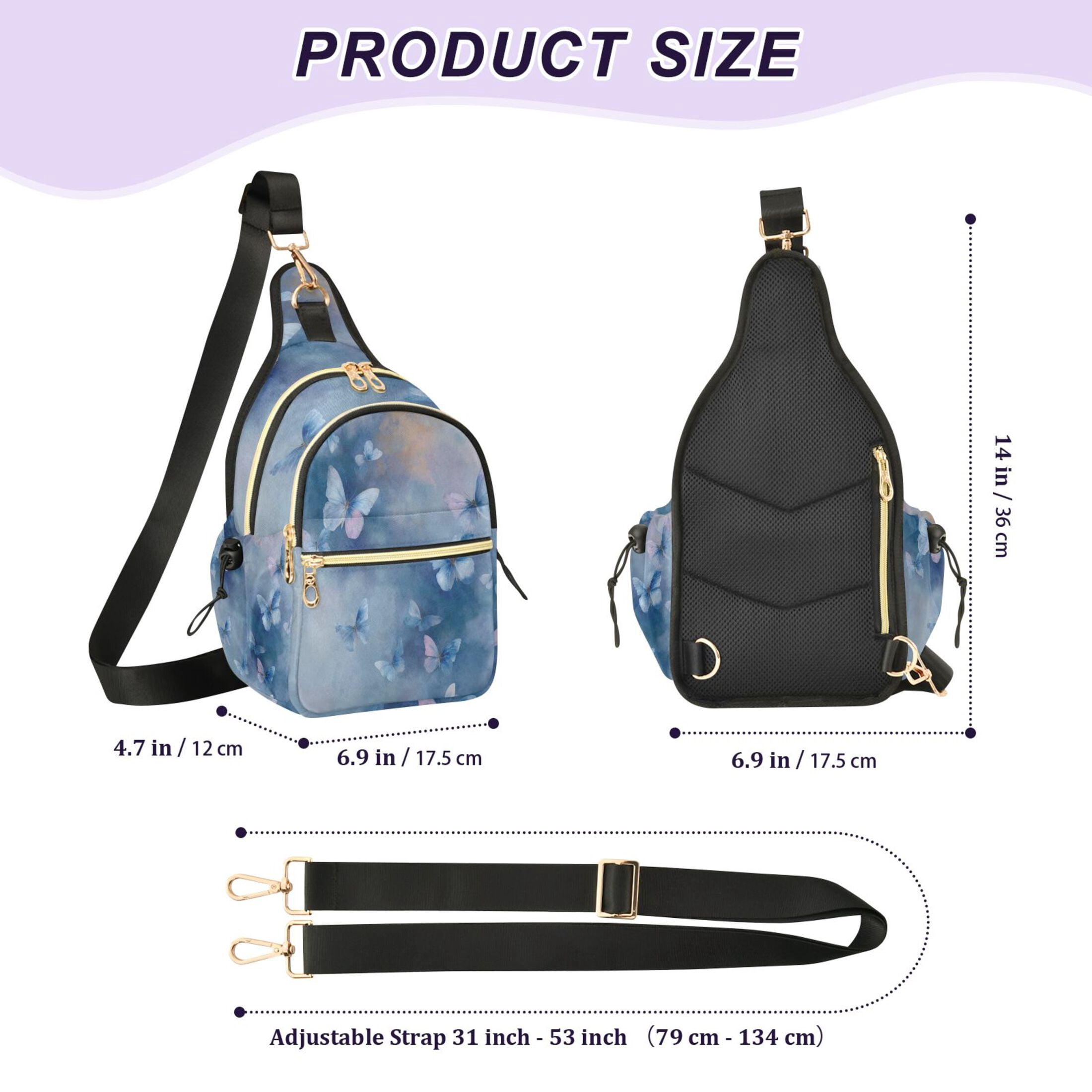 Crossbody Sling Bag for Women Shoulder Purse Trendy Daypack with Adjustable Strap Blue Butterflies Flying