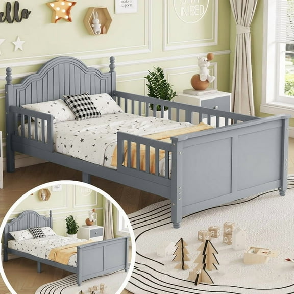 Mirightone Twin Size Platform Bed Frame with Detachable Safety Rails, Wood Bed Frame with Slats Support, Headboard & Footboard for Bedroom (Gray)