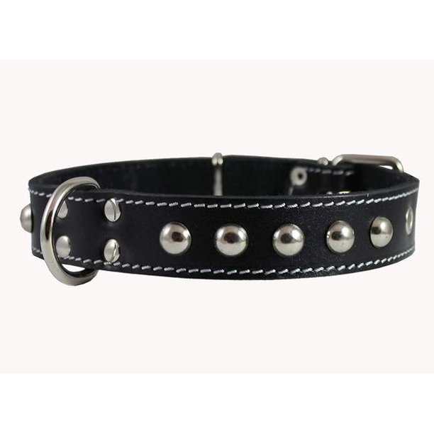 Black Genuine 1" Wide Thick Leather Studded Dog Collar. Fits 14"17" Neck, Medium Breeds