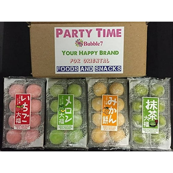 NineChef Bundle - Japanese Mochi Fruits Daifuku (Rice Cake) Strawberry Melon Green Tea Orange Flavors. (4 Flavors Mix)   1 NineChef Brand Long Handle Spoon