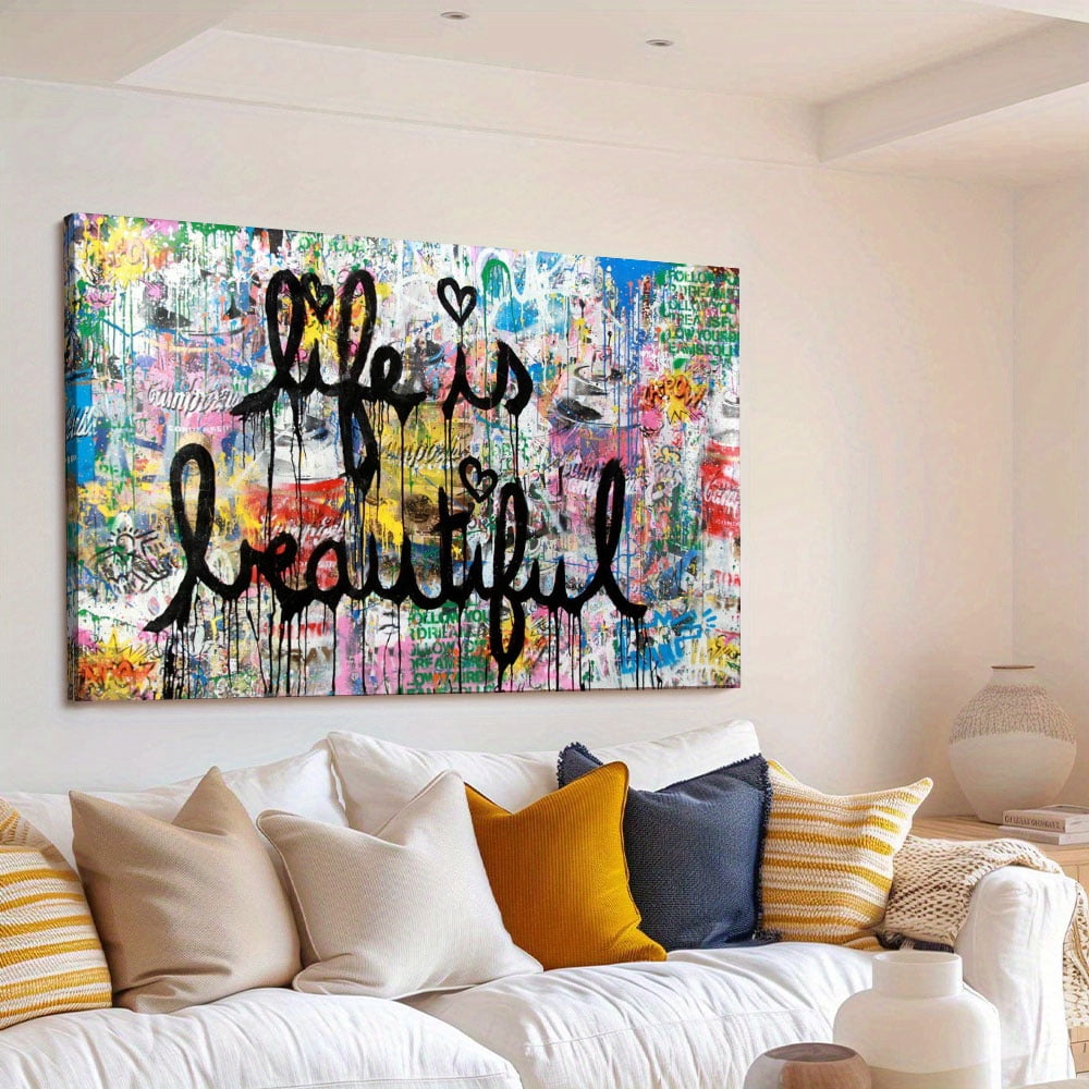 Banksy Canvas Wall Art Life is Beautiful Graffiti Abstract Painting Posters and Prints for Home Decor Living Room Office, Framed Ready to Hang(40" W x 30" H，Framed)