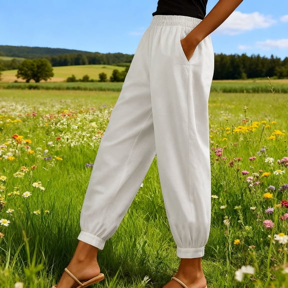 Elvqul Womens Pants with Pockets Mid Trousers Pull on White Ankle Comfortable Winter Jogging Joggers for Women