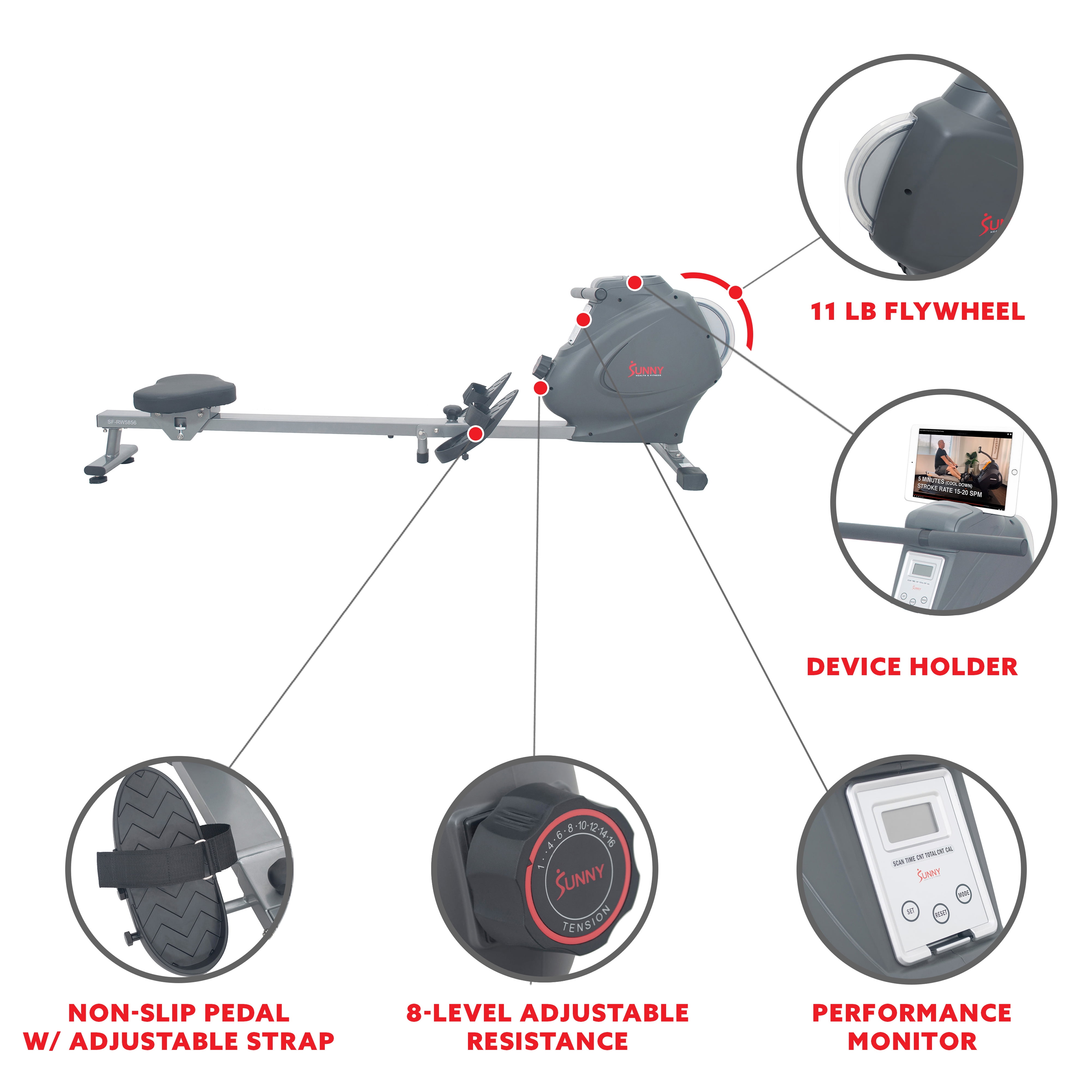 Sunny Health & Fitness Magnetic Rowing Machine Rower, LCD Monitor with Device Holder - SF-RW5856