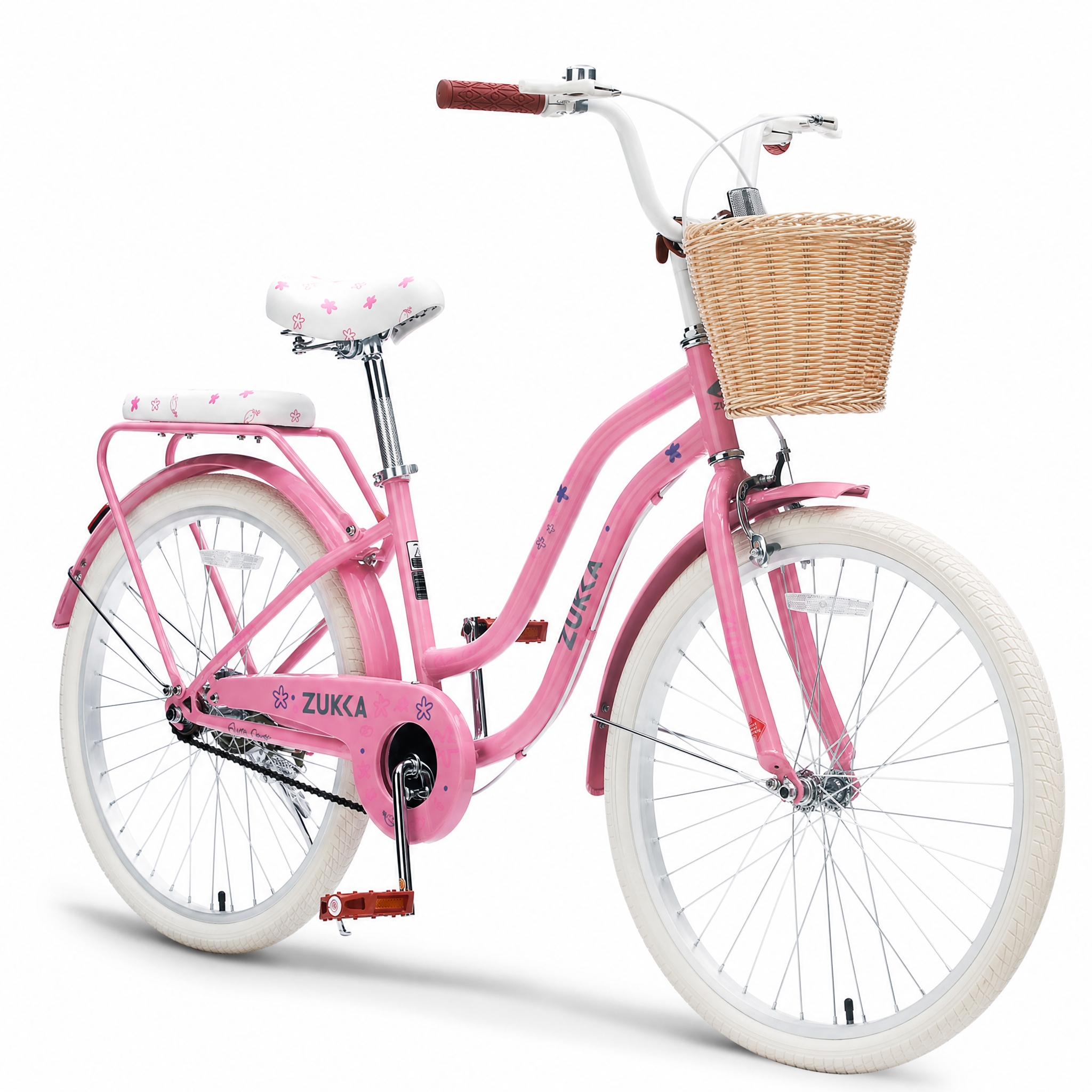 Dolonm 24" Cruiser Bike for Women, Girls Bike Lightweight High-Carbon Steel Frame City Bike with Basket & Rear Rack, Comfortable Commuter Bicycle for Age 10+, Pink