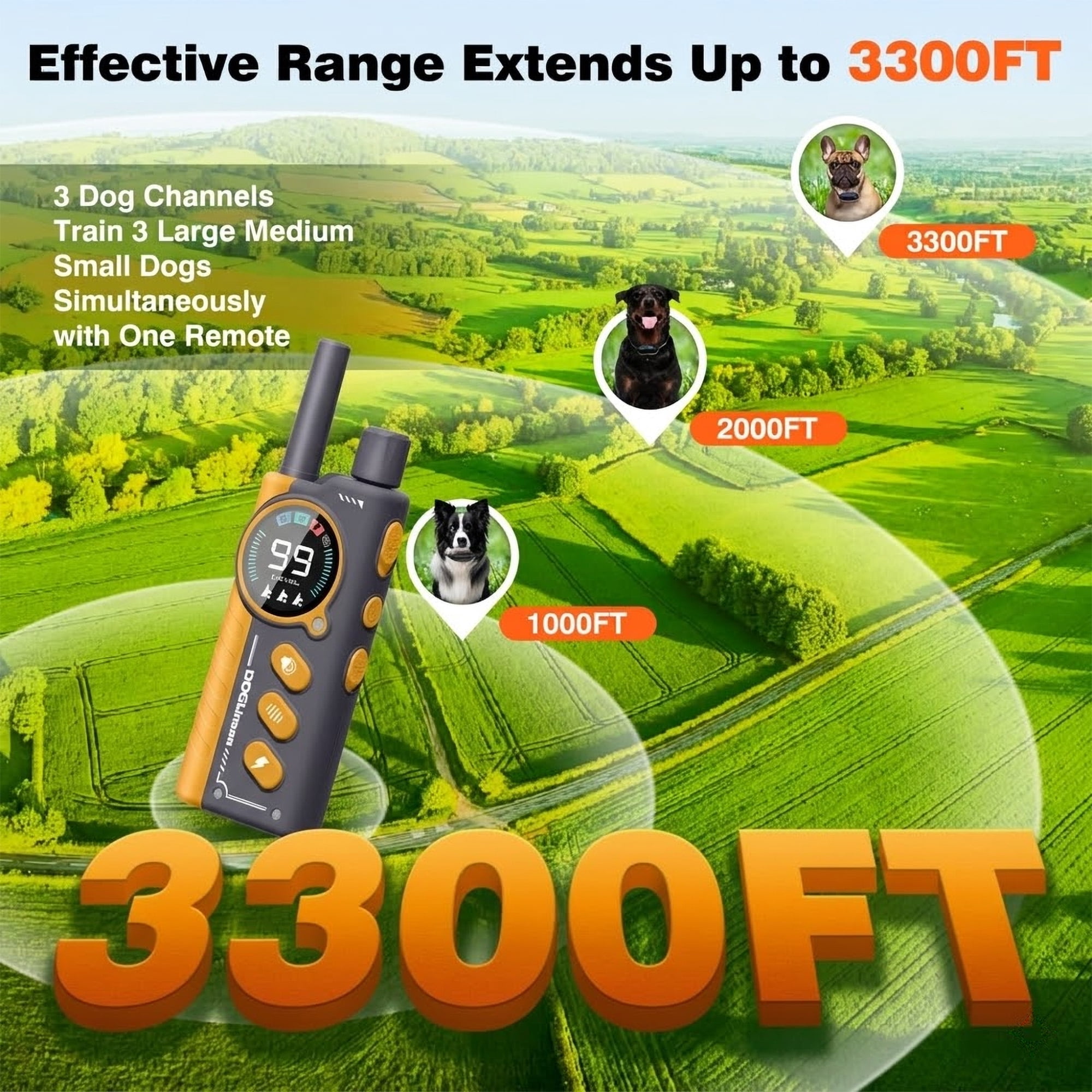Paipaitek Dog Training Collar for 2 Dogs with Remote, 3300ft Long Range, 3 Modes (Shock, Vibration, Beep), IPX7 Waterproof Rechargeable E-Collar for Small Medium Large Dogs