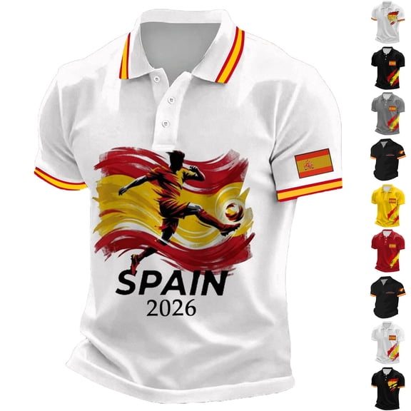 Soccer Cup 2026 Jersey for Men, Polo Collar Short Sleeve Spain Flag Player Graphic Top - Breathable Fan Shirt for Match Day & Casual Wear Black L