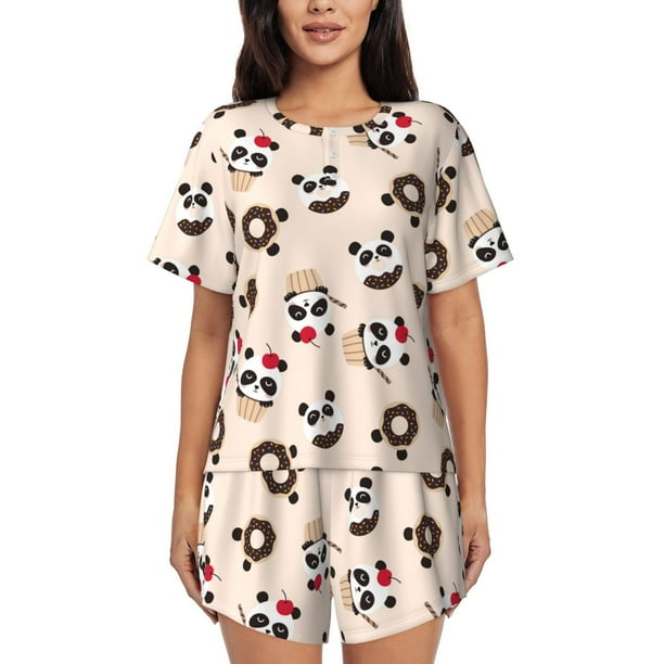 Fotbe Panda Ice Creams Donuts Conjunto de Pijama Estampado para Mujer, 2 Piezas, Ropa de Dormir con Camiseta de Manga Corta y Shorts Suaves-Large