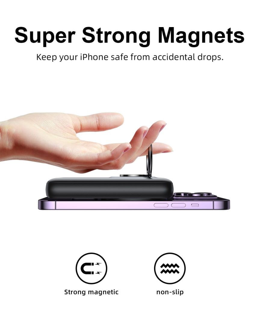 JOYROOM Magnetic Power Bank, 20W 10000mAh Wireless Portable Charger Battery Pack with Phone Ring Holder Stand, Compatible with Magsafe, for iPhone 14/Pro Max/13/12 Series, Black