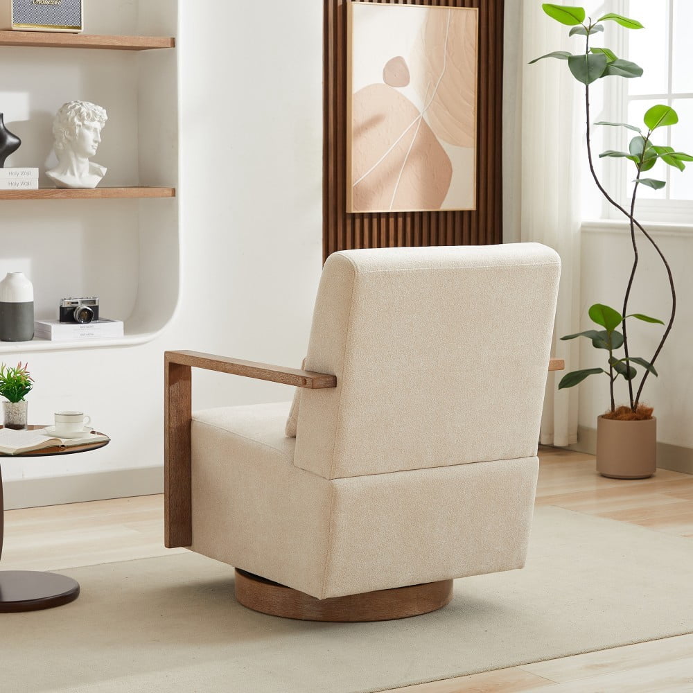 Swivel Accent Chair, 360 Degree Modern Upholstered Lounge Chair with Solid Wood Armrests, Linen Blend Fabric, Comfy Reading Chair for Living Room, Bedroom & Office, Beige