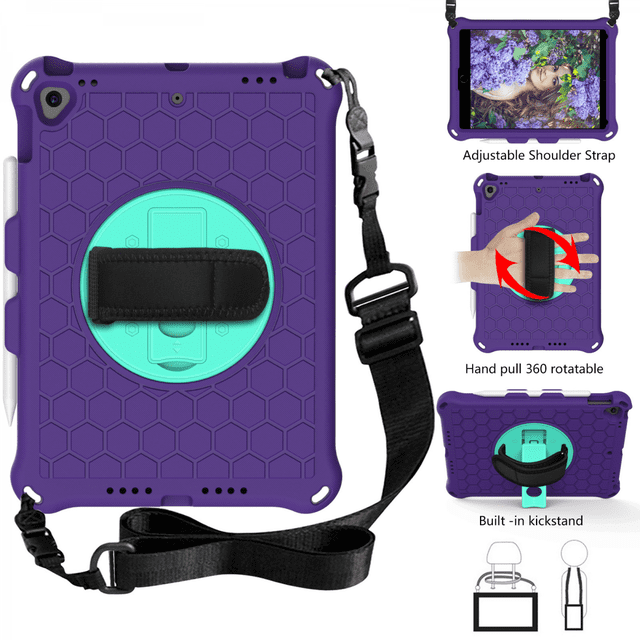 For 2019 iPad Air 10.5, iPad Pro 10.5" Case, Case with Screen Protector, Swivel Stand, Hand Strap and Shoulder Strap Pen Holder for Everyday Use - Purple + Green