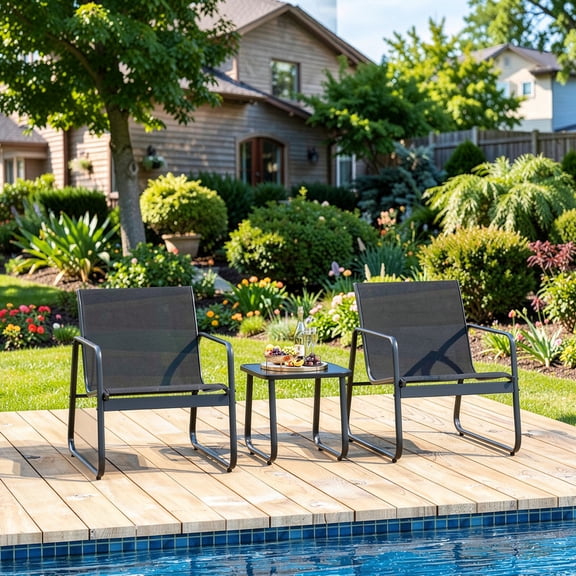 3-Piece Outdoor Patio Furniture Set – All-Weather Textilene Conversation Set, Rust-Proof & Space-Saving Balcony Bistro Set with High Weight Capacity, Ergonomic Comfort, Black