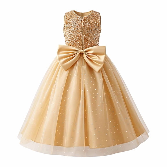 SUXIAN Dress for Girls Starry Sequin Evening Sleeveless Party Gown Elegant Occasions Toddler Girl Dress Beige 9-10 Years