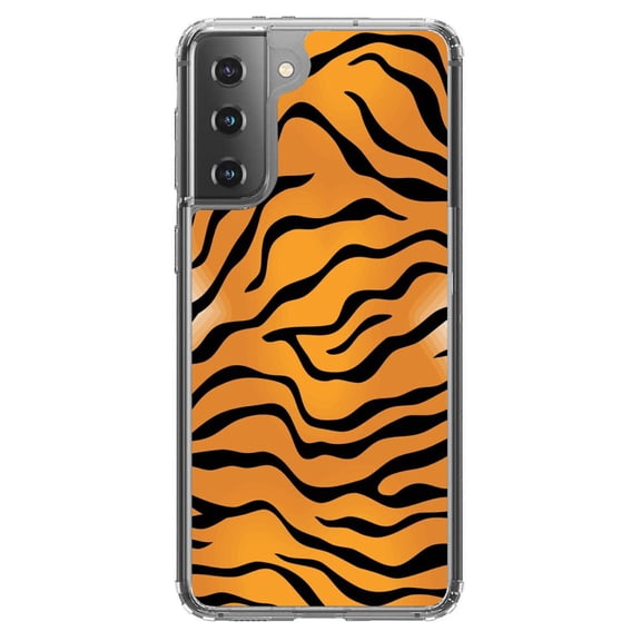 DistinctInk Clear Shockproof Hybrid Case for Galaxy S21  PLUS 5G (6.7" Screen) - TPU Bumper, Acrylic Back, Tempered Glass Screen Protector - Orange Black White Tiger Skin Print - Animal Print