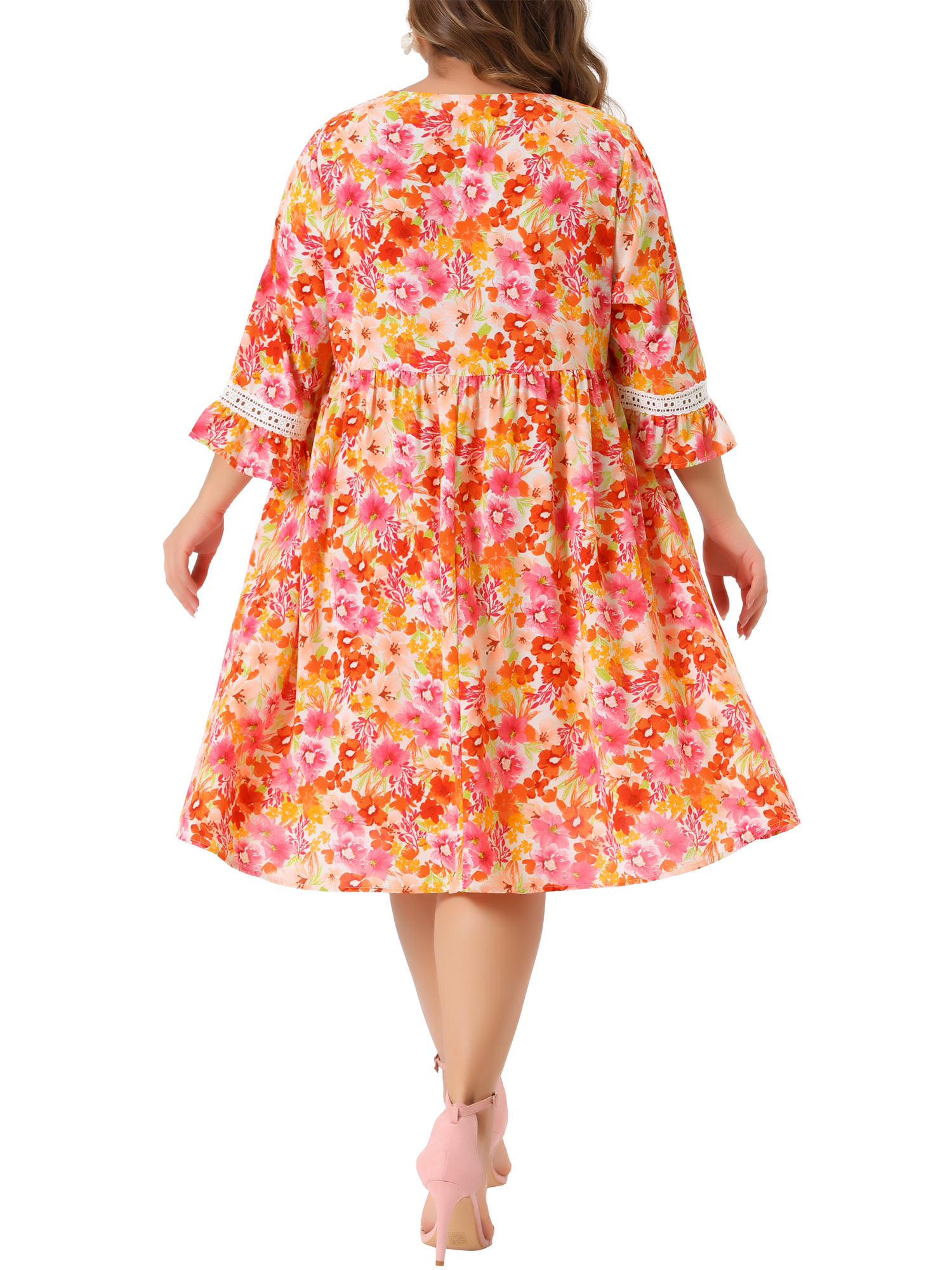 DARING DIVA Plus Size 3/4 Sleeve Lace Hollow Ruffle Midi Flare Dress 2X Orange