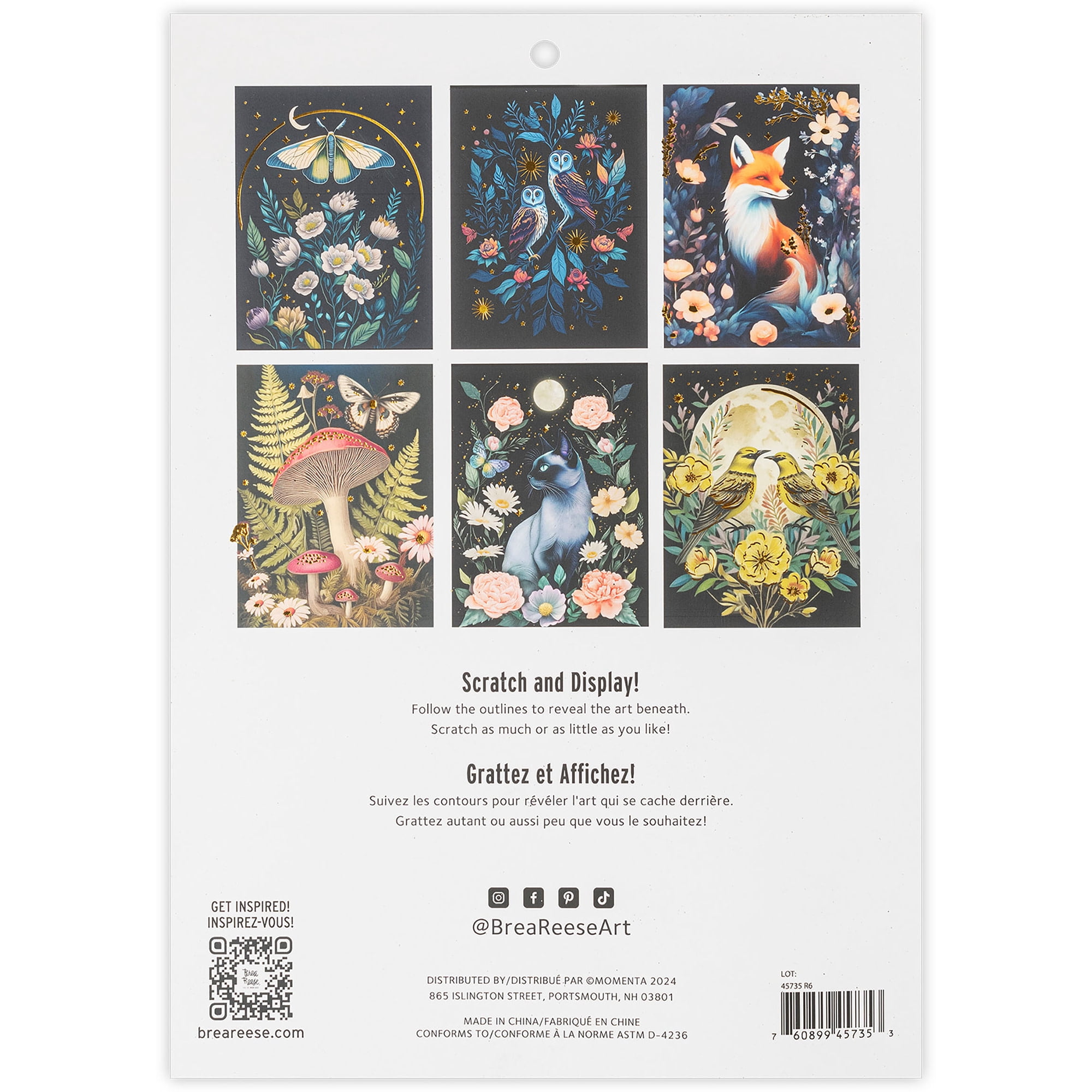 Brea Reese: Scratch Art Paper Pad - Midnight Botanicals - 6 Designs, Guided Art, Metallic Accents, Dual-Tip Stylus & Brush, 9x12" Pages, Adult Craft