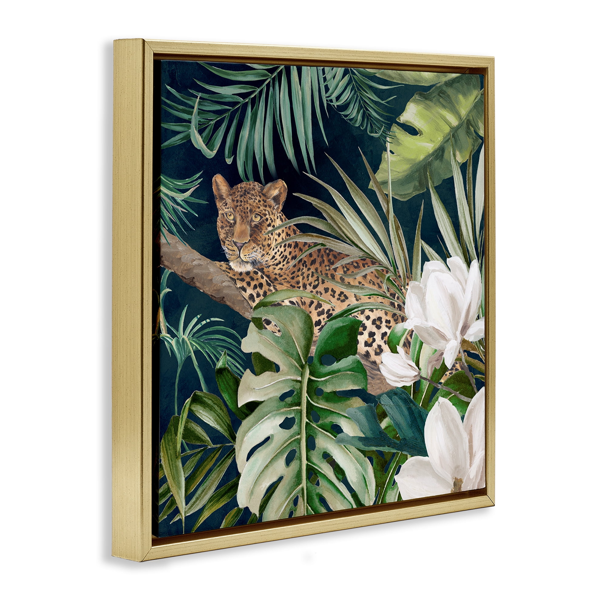 Stupell Industries Tropical Jungle Leopard Animals Painting Gold Floater Framed Canvas Art Print Wall Art, 18 x 18