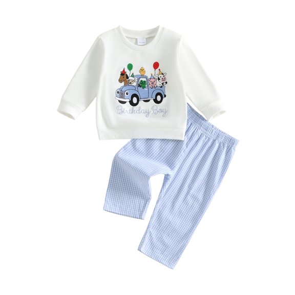Cjfdfy Toddler Baby Boys Birthday Outfit Farm Animal Truck Print Long Sleeve Sweatshirt With Plaid Pants Little Baby First Birthday Fall Winter Outfit Cute Birthday Party Clothes 6M-4Y
