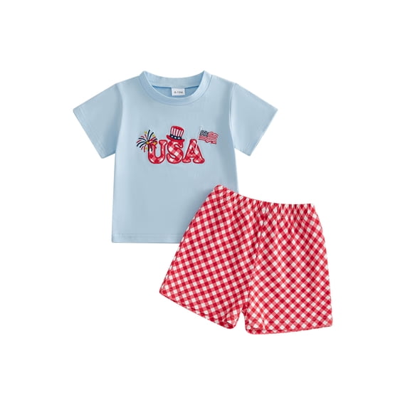 BemeyourBBs Toddler Baby Boy 4th of July Outfits Patriot Independent Day Short Sleeve USA Flag Letter Embroidery T Shirt and Plaid Shorts Set Toddler Boys Summer Clothes