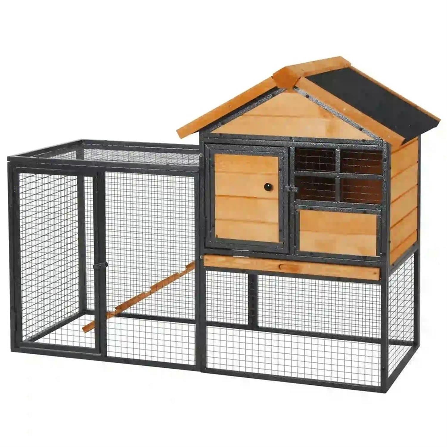 Demi Bonn 48" Wooden Rabbit Hutch with Slide-out Tray, Outdoor Small Animal Habitat Chicken Coop Bunny Cage for Bunnies, Guinea Pigs, Yellow