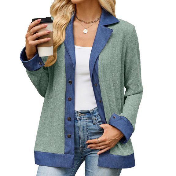 JUUNthy Cardigan Blazer for Women, Button Front Denim Collar Long Sleeve Knit Outerwear for Daily & Business Casual Green S