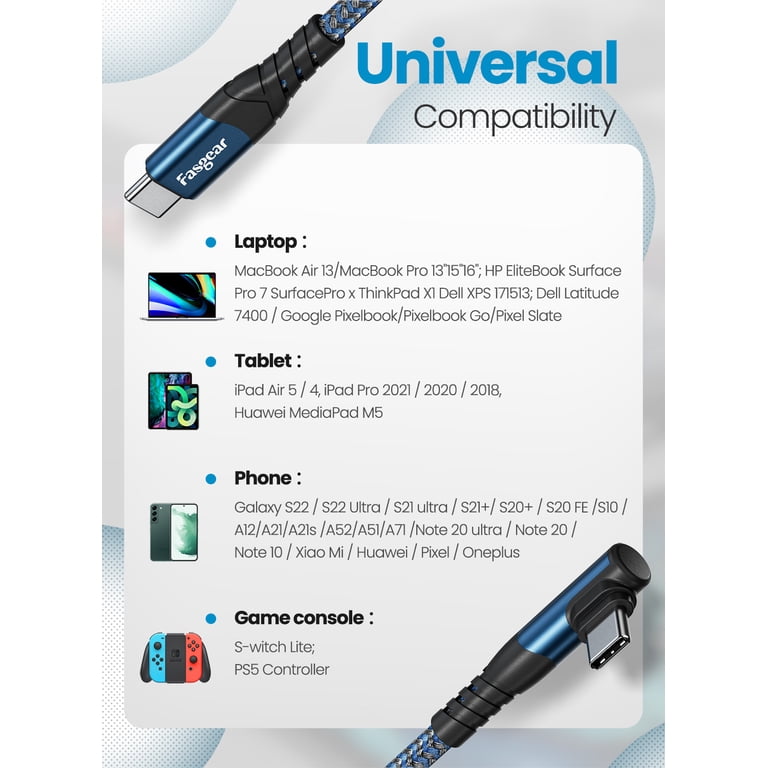 Fasgear Cavo USB-C A USB-C 1,8m Angolo Retto 90° – Ricarica Rapida 60W PD, Nylon Intrecciato - 3