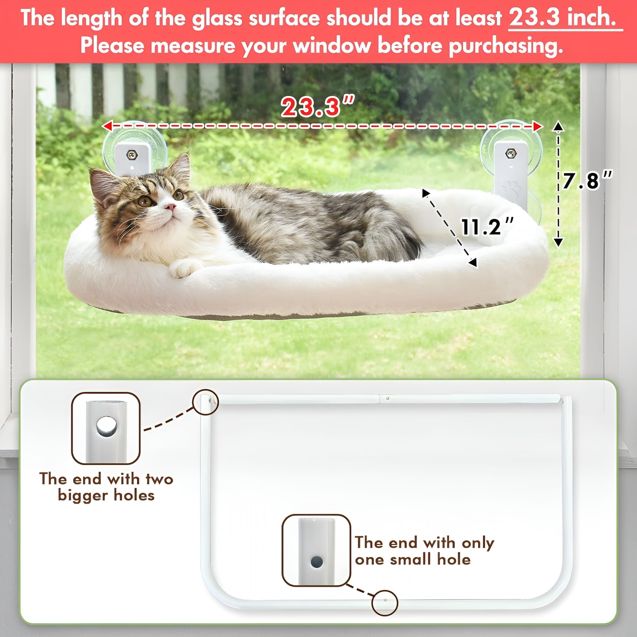 XIBUFE 2026 New Cordless Cat Window Perch, Window Hammock for Cats with 4 Strong Suction Cups, Solid Metal Frame and Soft Cover, Indoor Cat Bed